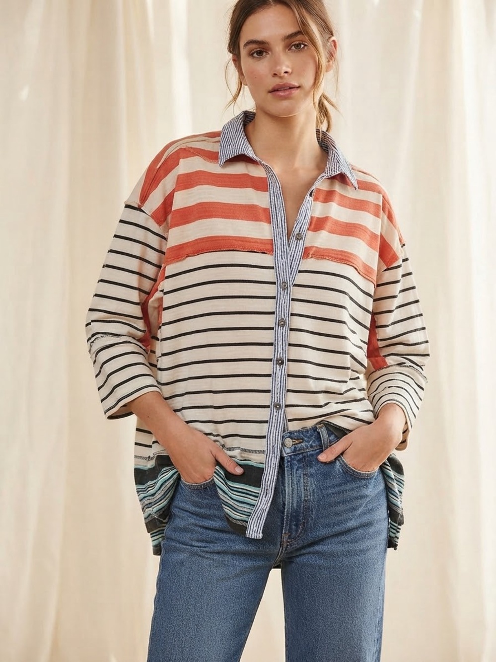 We The Free Oversized Striped Button-Down in Cream, Coral, Blue & Black Preppy